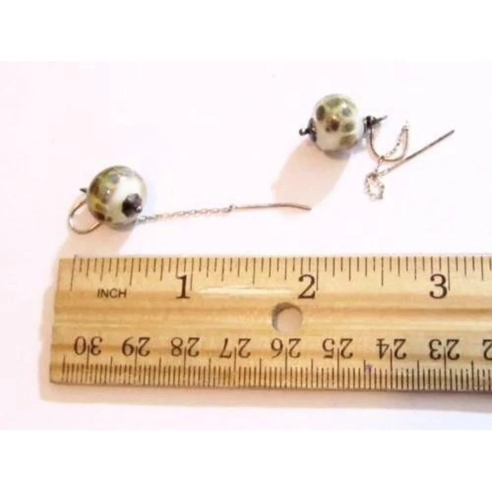 Beautiful Green White Art Glass Bead‎ Threader Sterling Silver Earrings